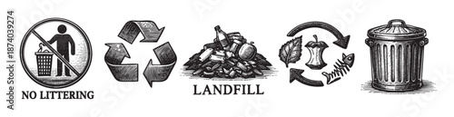 Collection of black and white graphic illustrations representing environmental issues like no littering, recycling, landfill waste, and trash cans.
