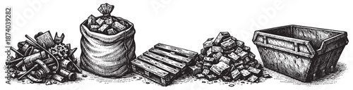 An illustrative black and white depiction of various types of scrap, including a pile of metal parts, a burlap sack filled with cubed material, broken wooden planks, rubble, and a large skip bin.