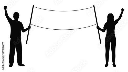 Silhouettes of protestors holding blank banner with raised fists