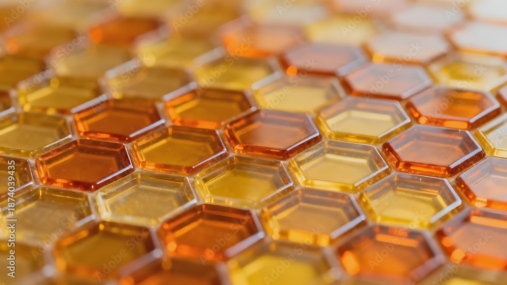 Fototapeta premium Close-up view of honeycomb cells filled with golden honey, showcasing hexagonal patterns and natural texture.