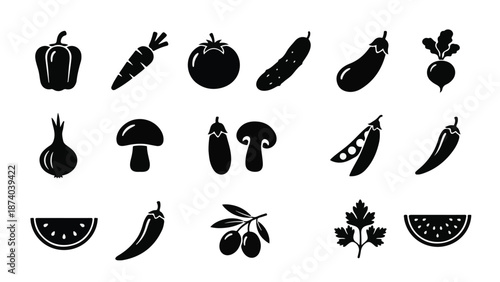 Black vector icons set of various fresh vegetables and fruits silhouettes