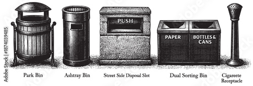 A collection of five different vintage style waste bins and receptacles rendered in a classic engraving style on a white background, perfect for design projects.