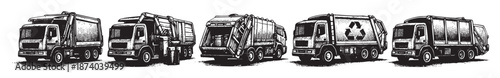 A striking black and white illustration depicts a line of various garbage trucks, some with their compartments open, showcasing their industrial utility.