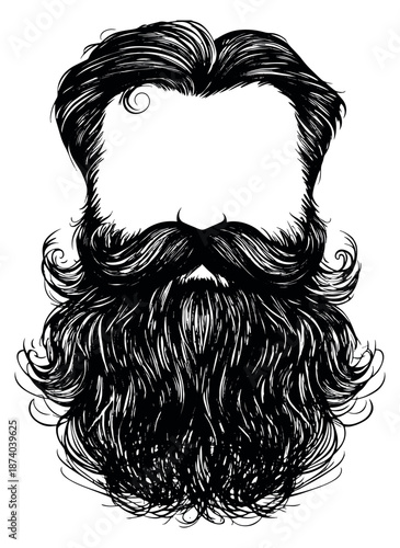 Hand drawn line art illustration of a vintage beard, mustache, and hairstyle depicting a classic masculine look for men's fashion
