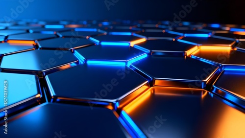 Hexagonal grid pattern with glowing blue and orange edges on a dark reflective surface