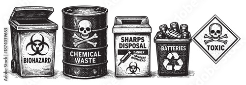 A collection of hazardous waste containers and a toxic symbol, rendered in a stark woodcut style. This image signifies danger, recycling, and proper disposal of hazardous materials.