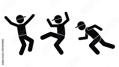 Set of active stick figures wearing caps, dancing and running