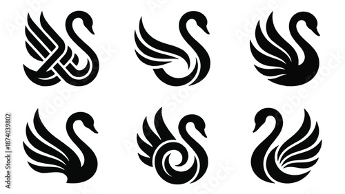 Collection of elegant black swan logos and minimalist bird icons