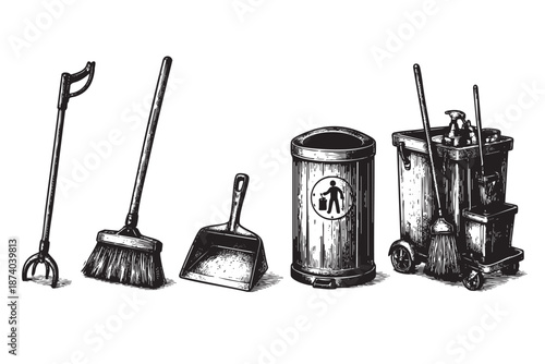 A vintage illustration showcases a collection of cleaning supplies, including brooms, dustpans, and trash cans, presented in a graphic, black and white style.