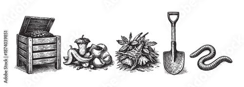 A vintage black and white illustration depicts a compost bin filled with organic matter, fruit peels, plant debris, a shovel, and a worm, representing the composting process.