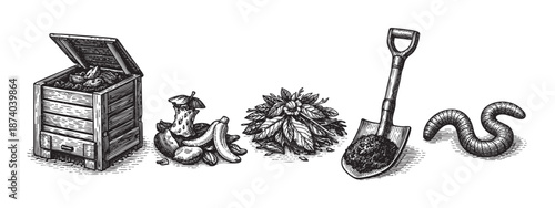 This vintage engraving style illustration depicts the composting process, showcasing a compost bin, food scraps, plant matter, a shovel, and an earthworm on a white background.