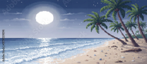 A serene pixel art depiction of a tropical beach at night, with a radiant full moon reflecting on the ocean waves and casting light on the sandy shore lined with palm trees
