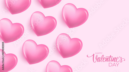 Valentine's Day holiday festive background. Valentines Day banner with cute pink colored hearts and hand lettering greetings. Vector illustration.