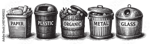 A vintage illustration depicts five distinct trash receptacles, each clearly marked for different waste types, promoting environmental awareness and sorting.