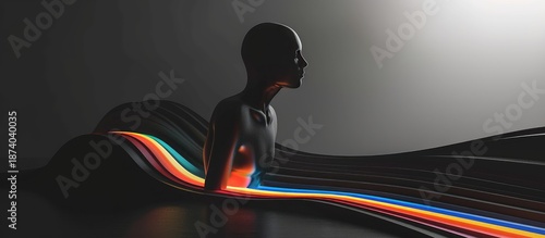 Futuristic abstract interior hallway made of geometric blocks with dramatic lighting and red accents, modern architecture and technology concept background