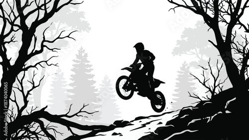 Silhouette of a dirt bike rider jumping over rocky terrain in a forest