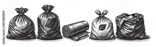 A black and white engraving depicts four tied trash bags of varying sizes and a roll of trash bags, suggesting concepts of waste management and disposal.