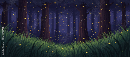 Enchanted pixel art forest scene at night, filled with glowing fireflies and magical lights illuminating the dark trees and lush grass. A serene, dreamy woodland
