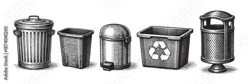 A monochromatic, hand-drawn sketch depicts a collection of five different trash and recycling bins, showcasing a vintage or retro aesthetic.