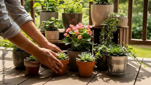 Woman arranging succulent plants and begonia flowers on a wooden deck, home gardening and backyard decoration