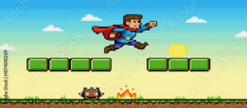 Retro pixel art game scene featuring a superhero character jumping across platforms to collect a coin, while an enemy and fire threaten below in a classic 2D adventure