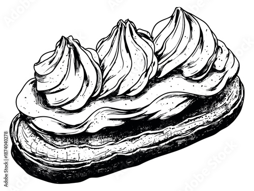 Hand drawn line art illustration of an eclair depicting sweet cream topping for a bakery menu