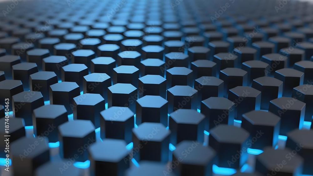 Fototapeta premium Hexagonal grid pattern with blue lighting and depth perspective