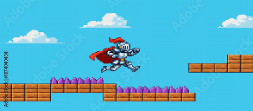 Retro pixel art game scene featuring a superhero character jumping across platforms to collect a coin, while an enemy and fire threaten below in a classic 2D adventure