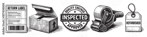 A black and white illustration depicts shipping and return elements including a return label, open box, quality checked stamp, tape dispenser, and refurbished tag.