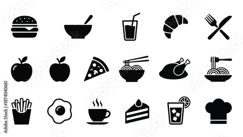 Set of black and white minimalist food and drink icons collection