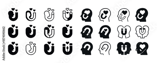 Magnet and head silhouettes with hearts icons set