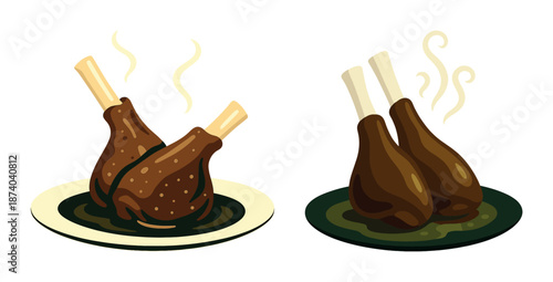 Steaming hot cooked drumsticks on plates