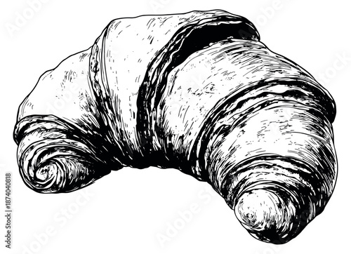 Hand drawn illustration of a croissant depicting a fresh breakfast pastry for bakery menus