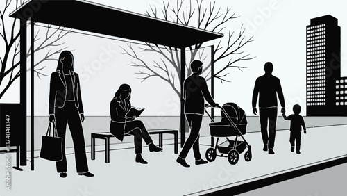 Minimalist black and white illustration of diverse people at a city bus stop