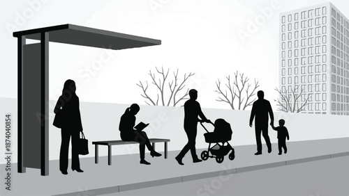 Urban street scene with people silhouettes: bus stop, stroller, and pedestrians