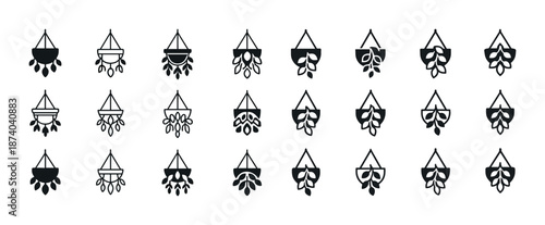 Set of hanging plant icon variations in flat style