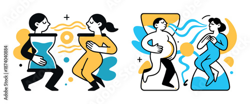 Abstract art of human figures with hourglass elements in vibrant colors