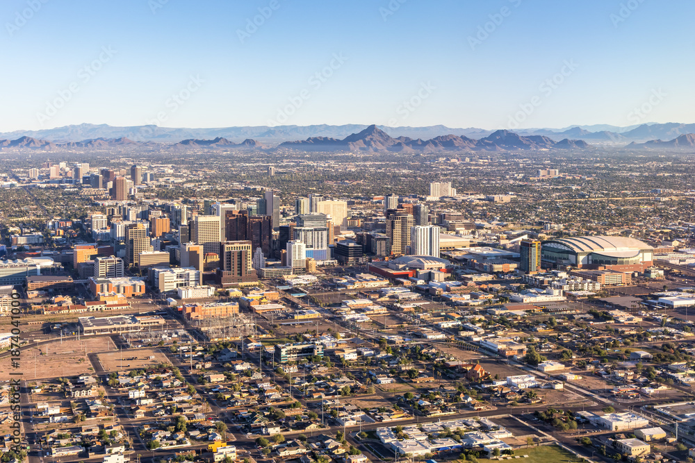 Naklejka premium Phoenix Arizona skyline aerial view photo of downtown with skyscrapers from above in Phoenix, United States