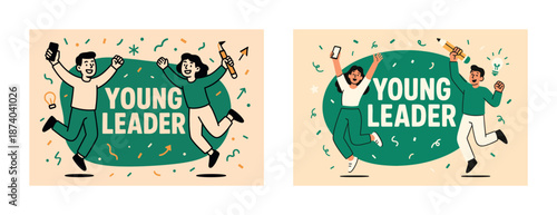 Diverse young adults celebrating leadership success with enthusiasm