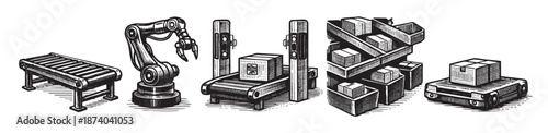This graphic illustration depicts a modern automated factory production line with a robotic arm, conveyor belts, and stacks of boxes in a monochrome, woodcut style.