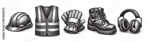 A monochrome, etched illustration showcases essential construction safety equipment including a hard hat, reflective vest, work gloves, boot, and earmuffs arranged on a white background.