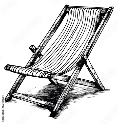 Hand drawn line art illustration of a deck chair depicting leisure and relaxation for summer vacation