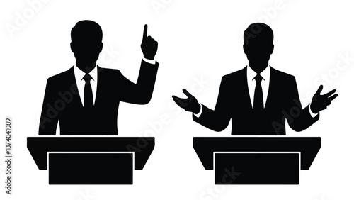 Silhouette illustration of speakers at a public debate or presentation