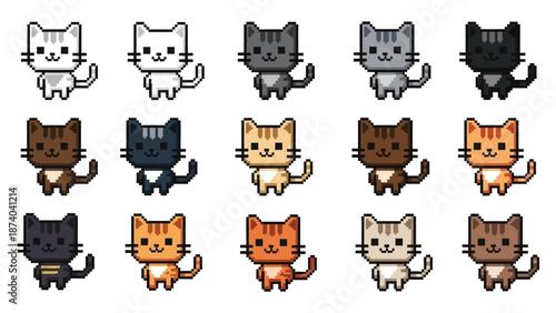 Cute Pixel Art Cat Characters Set in Retro 8-Bit Game Style