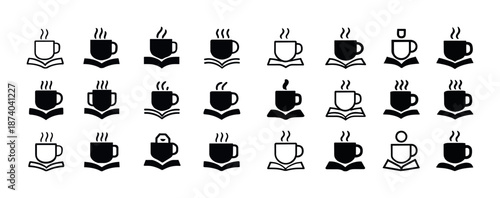 Stylized coffee mug and open book icons collection