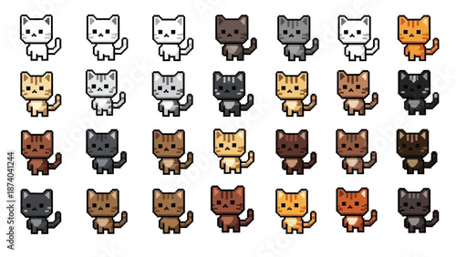 Pixel Art Cat Characters Set in Retro 8-Bit Style