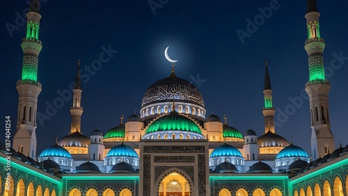 Stunning Islamic mosque with glowing domes, crescent moon and festive Ramadan lights symbolizing holy month celebration