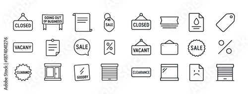 Black and white business closure and sale icon set featuring signs and labels