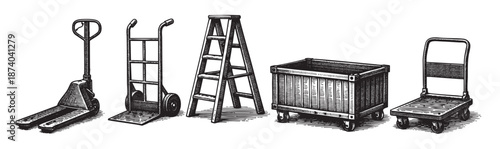 A monochromatic illustration featuring various industrial transportation and lifting tools, including hand trucks, a pallet jack, a ladder, and carts, rendered in a classic woodcut style.