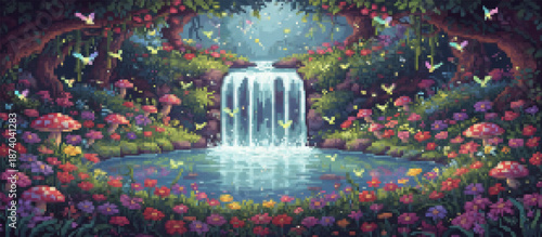 Enchanting pixel art fantasy forest scene with a waterfall, serene pond, lily pads, vibrant red mushrooms, colorful wildflowers, and glowing fireflies creating a magical ambiance
